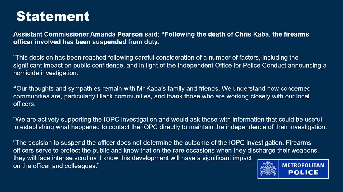 LambethMPS's tweet photo. #UPDATE | Assistant Commissioner Amanda Pearson has shared an update following the death of Chris Kaba in #Lambeth. 

Read the full statement here 🔽 https://t.co/YCyBuP78jW https://t.co/gk9egvjWSD