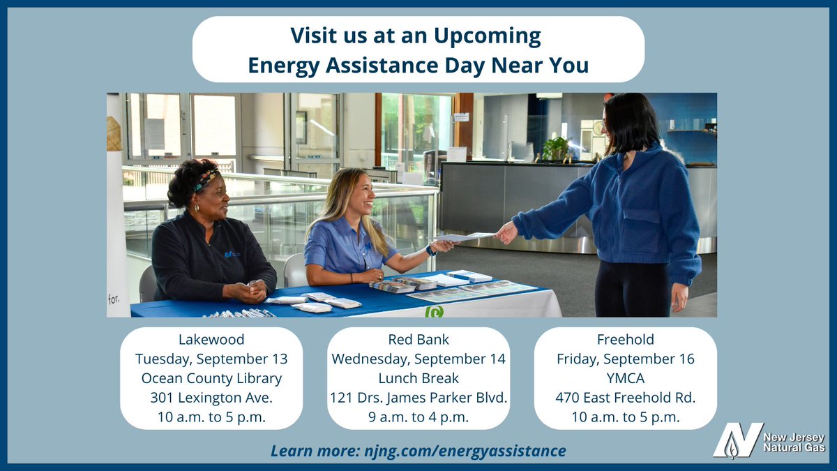 NJNaturalGas's tweet photo. Can’t keep up with #energybills? Attend an #EnergyAssistance Day to apply for grants &amp; set up a #paymentplan to help. For dates, locations &amp; what to bring with you, visit https://t.co/lhVdKoO0WG. 
#UtilityHelpNow #LakewoodNJ #RedBankNJ #FreeholdNJ https://t.co/H3Xq2WM30A