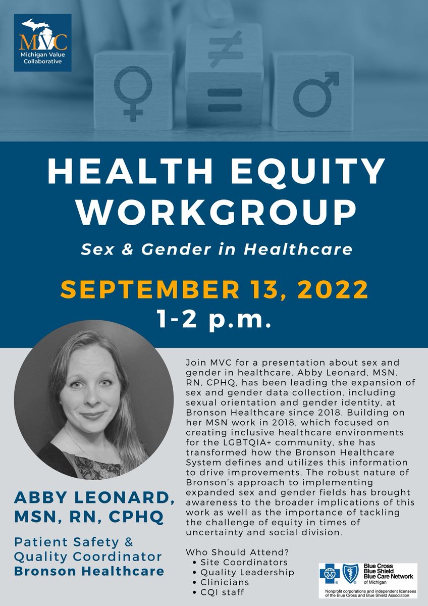 Don't forget to join MVC tomorrow at 1pm for a presentation from Abby Leonard, MSN, CPHQ of Bronson Healthcare about sex and #gender in #healthcare. Register now: bit.ly/3qxYSGE