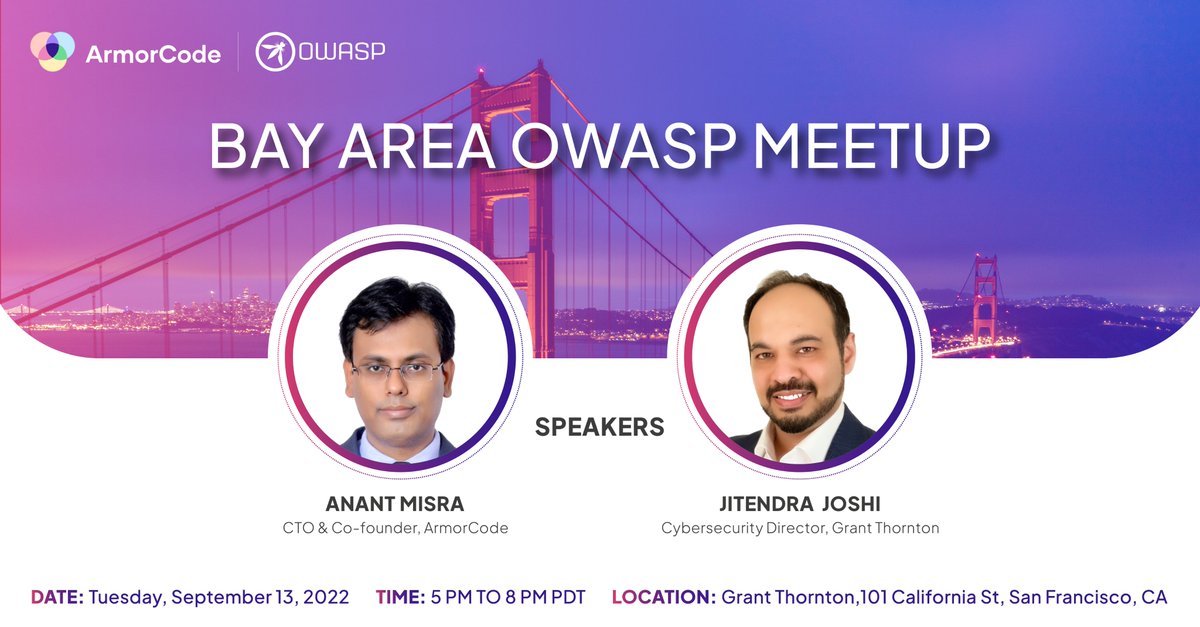 ArmorCode (@code_armor) on Twitter photo If you didn't have plans tomorrow night, now you do! Join our CTO and fellow #BayArea #securityleaders for
a little community-building and dinner on us.
<a href="/owasp/">OWASP® Foundation</a> <a href="/OWASPBayArea/">OWASPBayArea</a>
#AppSecOps #OWASP #sponsor If you didn't have plans tomorrow night, now you do! Join our CTO and fellow #BayArea #securityleaders for
a little community-building and dinner on us.
<a href="/owasp/">OWASP® Foundation</a> <a href="/OWASPBayArea/">OWASPBayArea</a>
#AppSecOps #OWASP #sponsor