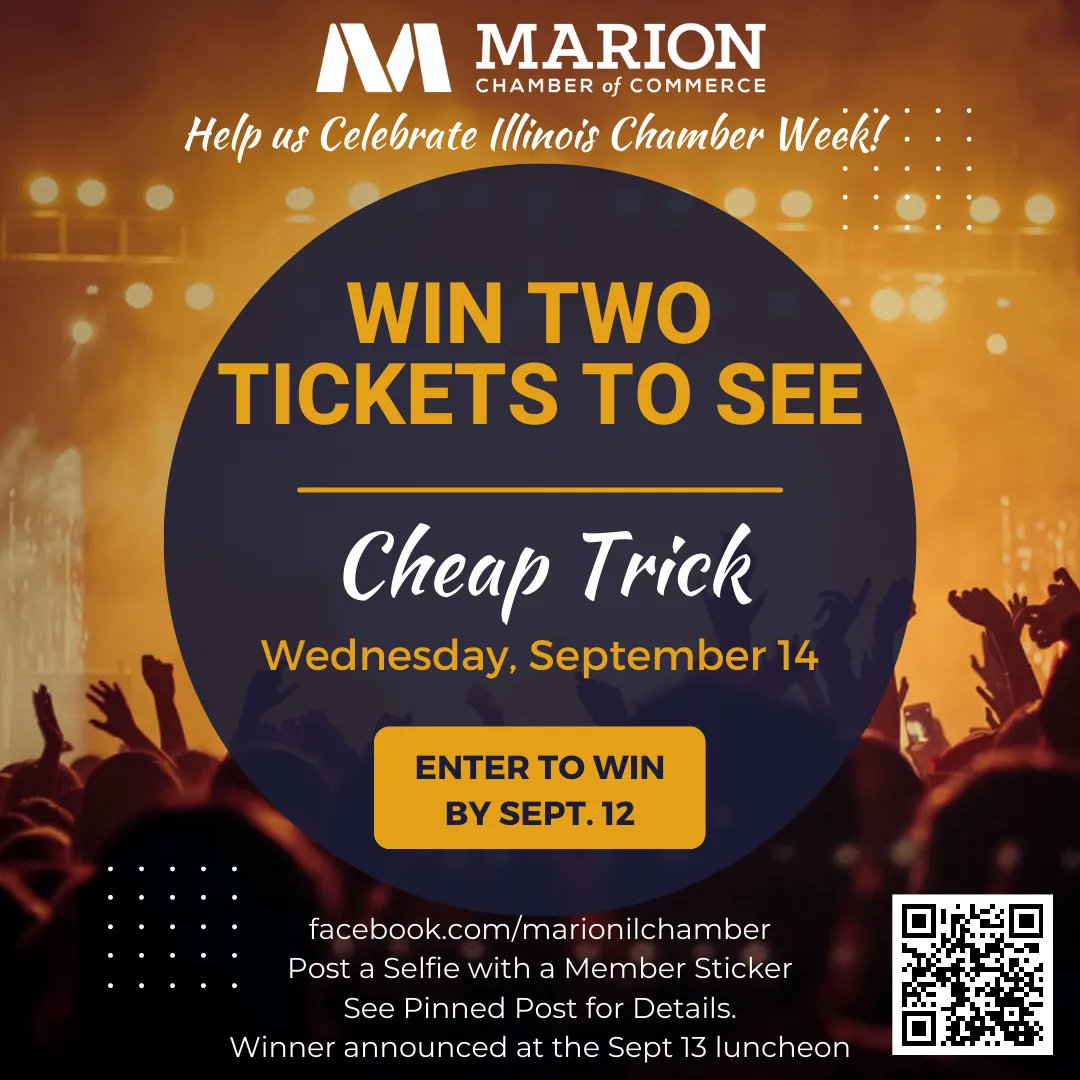 Marion_Chamber's tweet photo. Today is your last chance to enter to win two tickets in row 5 to see Cheap Trick on Wednesday, September 14th. Post a selfie with a member sticker TODAY!  Winner will be announced at tomorrow's Membership Luncheon! https://t.co/IyVgVXF6Ax https://t.co/MBxWnTyWcm