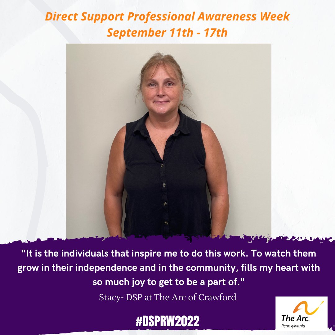 TheArcPA's tweet photo. Stacy is inspired everyday by the individuals she supports! They are not just individuals she works with, but friends that have taught her about the person she is and who she wants to be. #DSPRW22
@ArcCrawfordCo https://t.co/7VZ6nCALC4