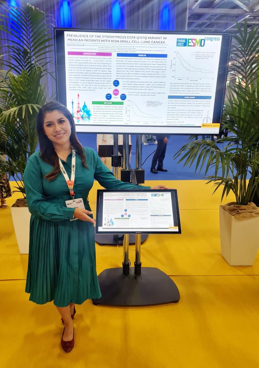 Yesterday at ESMO Congress 2022 in Paris @myESMO Dr. Maritza Ramos @maritza_rramos presented a poster titule Prevalence of the Synonymous EGFR Q787Q Variant in Mexican Patients with NSCLC 🤩🫁 #ESMO22 #EGFR #NSCLC #Oncology