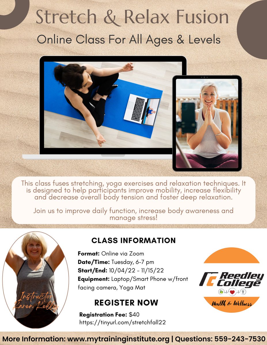SCCCD_'s tweet photo. Open to the Community!
This online course will be a great addition to your evening routine, in the comfort of your own home!  Increases flexibility, improves circulatory health, concentration, quality of sleep, prevents injury, etc.
Sign up today: https://t.co/c1TKFznXTE https://t.co/3sCjXwzsu2