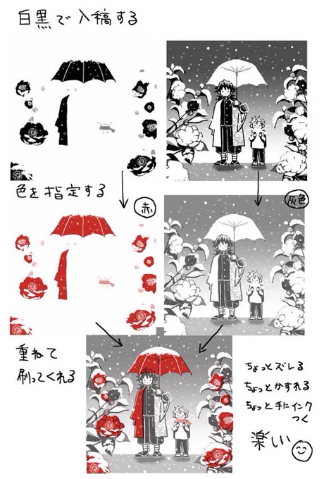 今こういう作業してる、色を別々に描くのは難しいけど、ピンクと水色を混色させて紫にしてみよかなーみたいなことを考えるのはとても楽しい。何枚か試し刷りしてみたよ、どうなるかしらドキドキ!寝るー😴 