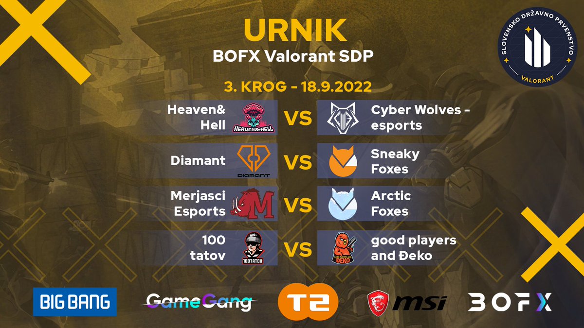 Začetek BOFX Valorant slovenskega državnega prvenstva v petek 16.9.2022!

#bigbangslovenija #msigaming #gamegang <a href="/tedvanet/">T-2 d.o.o.</a>  <a href="/Esport1SI/">Esport1 Slovenija</a>  <a href="/EsportsDiamant/">Diamant Esports</a>  <a href="/sneaky_foxes/">Sneaky Foxes Esports</a>  <a href="/cyberwolves_si/">Cyber Wolves - Esports</a>  #BOFXVALORANTSDP #eszs