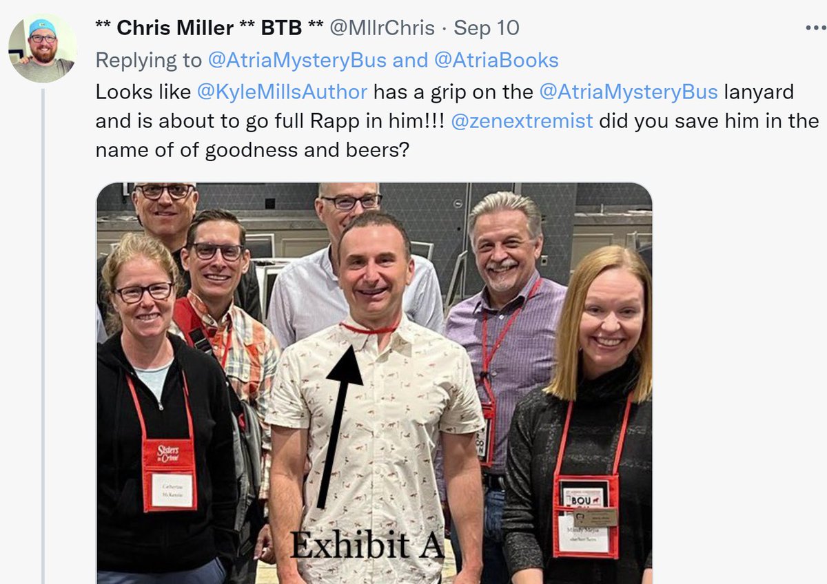 missbuzzbike's tweet photo. @BestThrillBooks @zenextremist @KyleMillsAuthor Great shot of @KyleMillsAuthor! From the dodgy look of @AtriaMysteryBus, I'm guessing he deserved the weaponized lanyard. https://t.co/6bSfBpsqvy