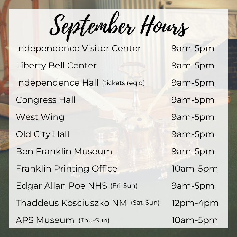 IHTrust's tweet photo. September hours for @INDEPENDENCENHP 🔔 Come visit the Best Park in History! Check out the Park's calendar (https://t.co/vkJx8uVbZn) or use the #NPSApp for a full schedule of walking tours and programs. #findyourpark #encuentratuparque https://t.co/TKDXFA9Dhw