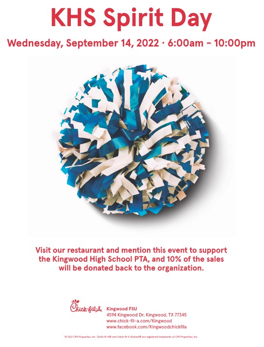 KingwoodHSPTSA's tweet photo. Don't forget, this Wednesday, join us for Spirit Day at Chick-Fil-A! @HumbleISD_KHS @Kwood_students @KingwoodCFA
#kingwoodhsptsa #kingwoodtx #kingwood #khsmustangs https://t.co/GgH6xMqz9h