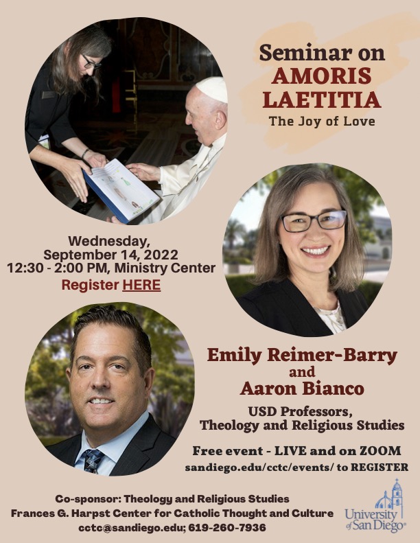 Join us this Wednesday at 12:30pm in the Ministry Center (or Via Zoom) for a seminar delivered by Emily Reimer-Barry and Aaron Bianco, USD Professors, Theology and Religious Studies. Registrations will be accepted until midnight of September 13th.docs.google.com/forms/d/e/1FAI…