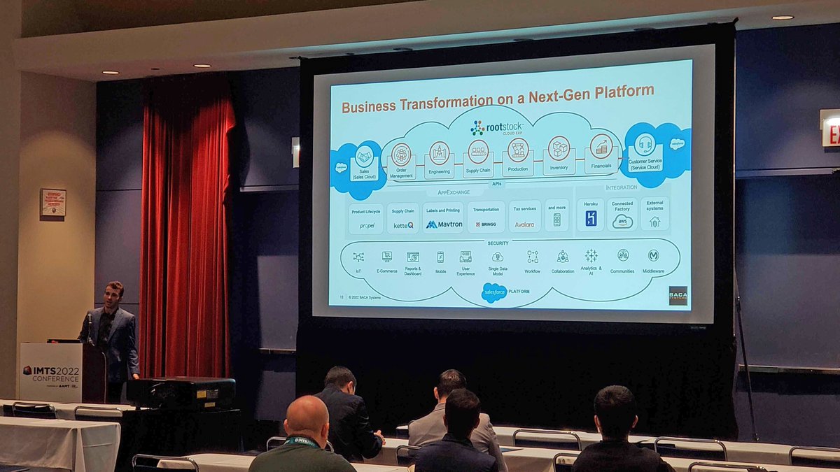 Day 1 at #IMTS2022 is off to a great start. <a href="/_andrewrusso/">Andrew Russo</a> shared how he rebuilt his manufacturing technology stack for <a href="/bacasystems/">Robo SawJet</a> leveraging the power of Salesforce + Rootstock. Also, <a href="/frank_borovsky/">Frank Borovsky</a> of #Salesforce is joining us today &amp; tomorrow at the booth.