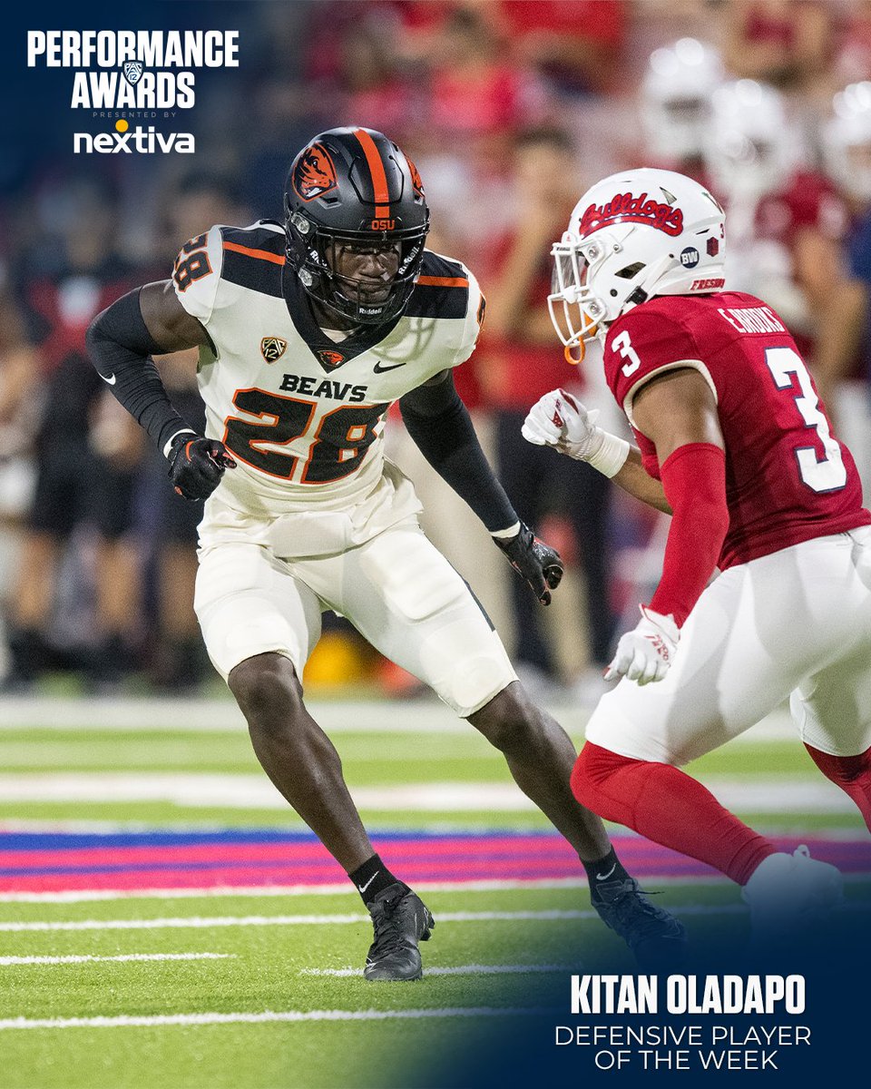 #Pac12FB Defensive Player of the Week, presented by @Nextiva: Kitan Oladapo. 🦫 Full release ➡️ Pac12.me/22FBPOW2 #GoBeavs | @BeaverFootball