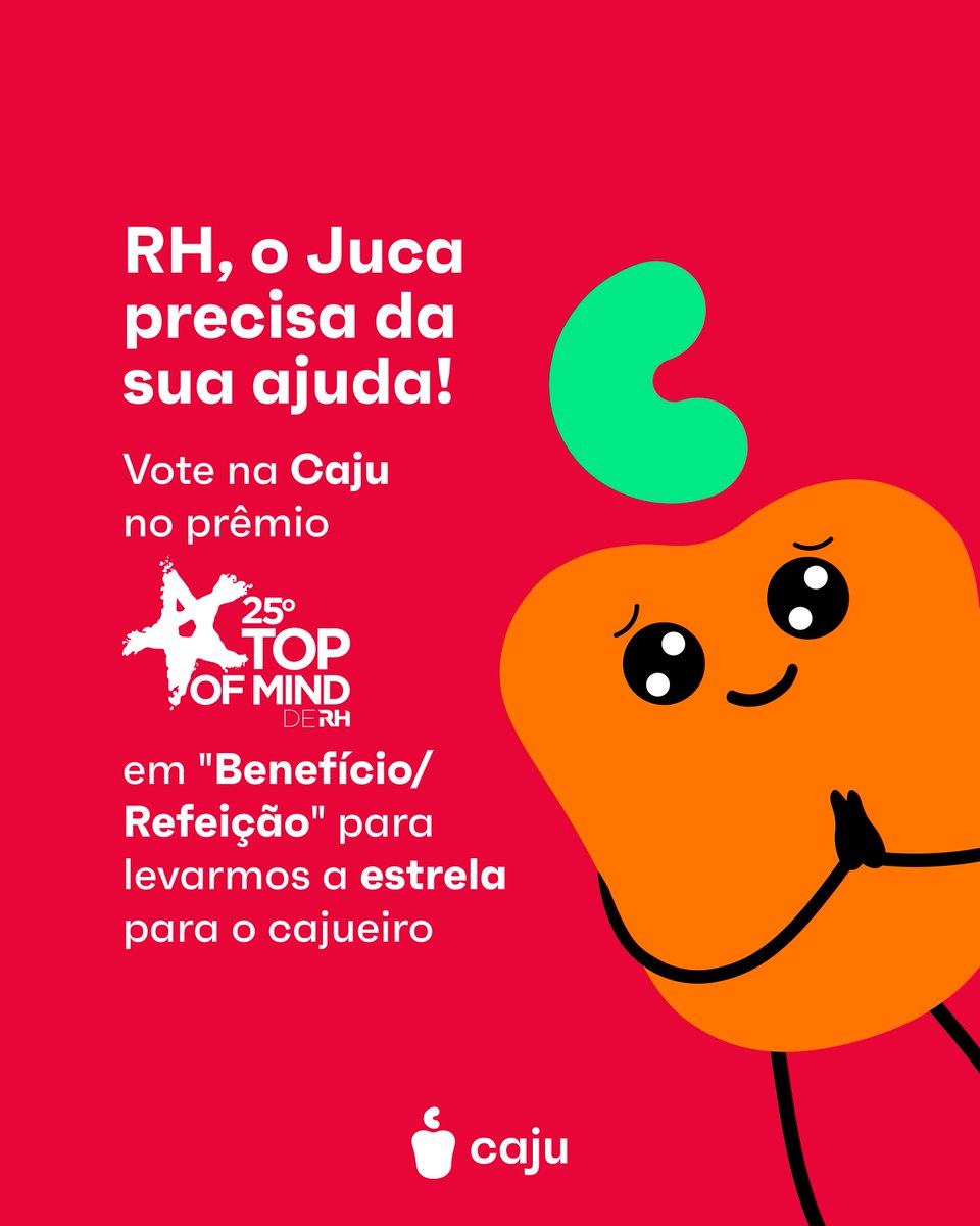 cajubeneficios's tweet photo. RH, tem um Juca querendo a sua ajuda para levar o prêmio #TopOfMindRH 👀
Para ganhar esse reconhecimento tão importante na categoria “Benefício/Refeição”, tudo o que você precisa fazer é votar na Caju no site oficial da premiação.
👉🏽 Vote: https://t.co/l1w3uUoHLo https://t.co/xjZ3FE11uq
