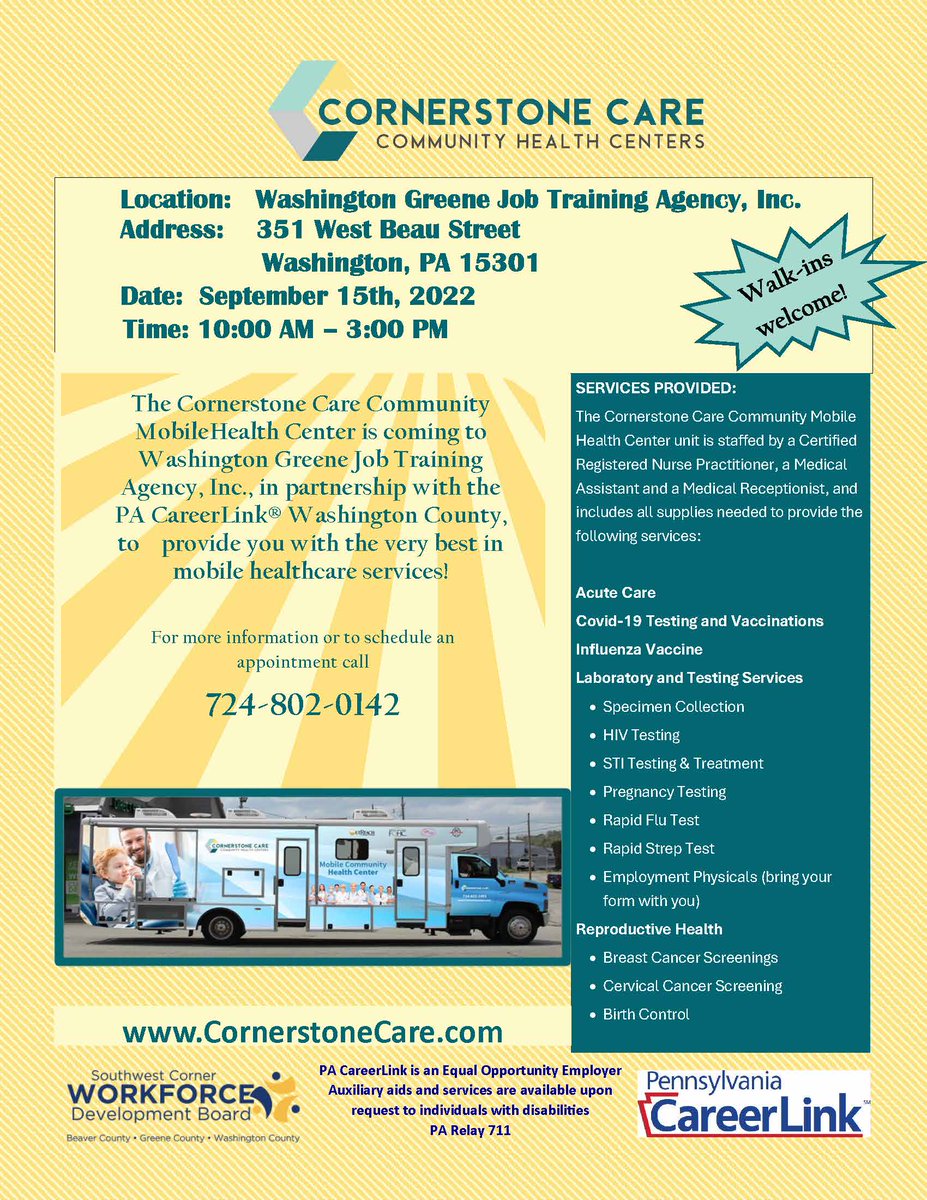 PACLWash's tweet image. This Thursday stop by the parking lot at 351 West Beau Street in Washington for some great medical care! Job physicals can be done here as well!