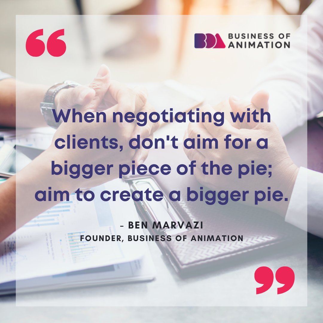 animationbiz's tweet photo. "When negotiating with clients, don't aim for a bigger piece of the pie; aim to create a bigger pie." -Ben Marvazi, Founder of Business of Animation
Want to Grow Your Freelance Animation Career or Studio? Link in bio.
#AnimationQuote #AnimationQuotes #AnimationInspiration https://t.co/crCatjPTeK