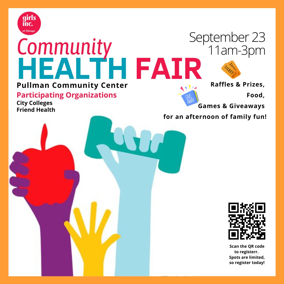 GirlsIncChicago's tweet photo. From eating the right food to the perfect exercise routine, find the path to a healthier and happier you. Scan our QR code to register. Spots are limited so register today!
#girlsincofchicago #westpullmanpark
#HealthFair2022 #FreeCommunityEvent #healthandwellness #Healthfair https://t.co/AaIBGeS9Qu