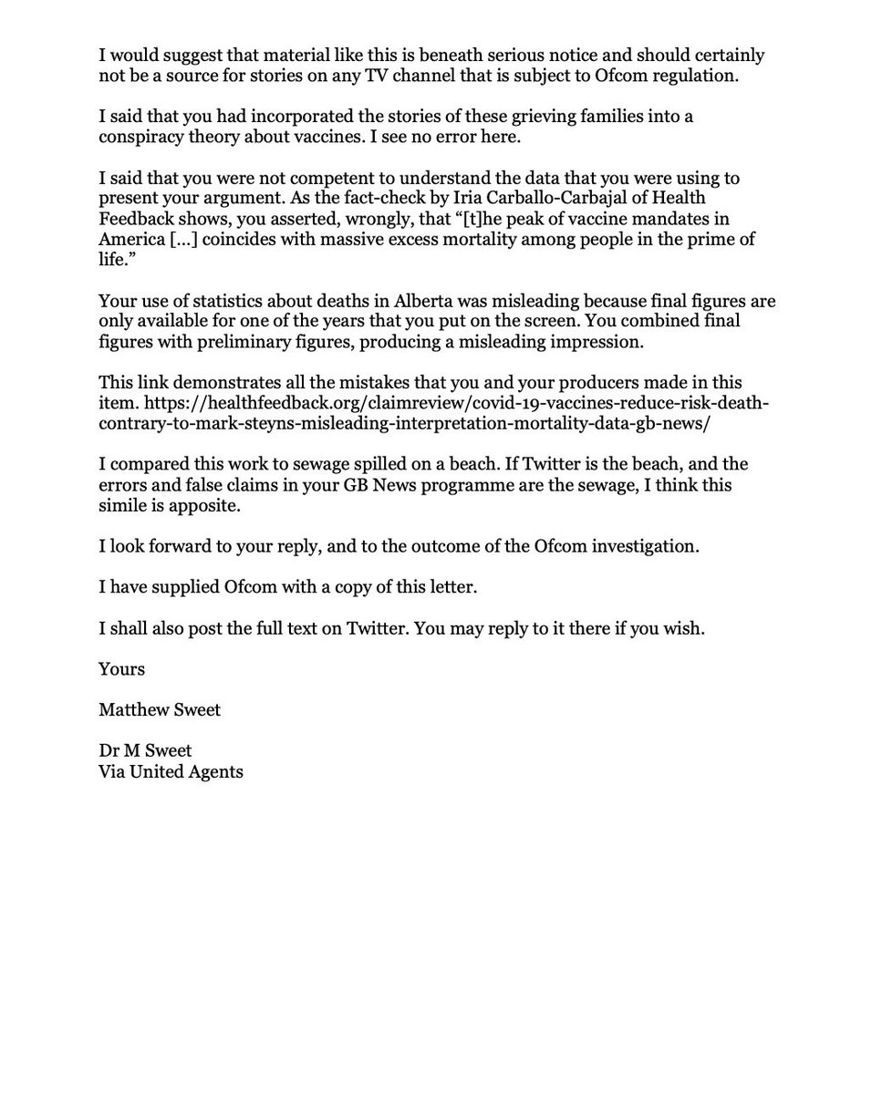 DrMatthewSweet's tweet image. So. This is a letter I sent today, via my agent, to @marksteyneoline and his producer @danielhardaker4 at @GBNews. A Twitter thread version follows, to which I’ve attached some links.