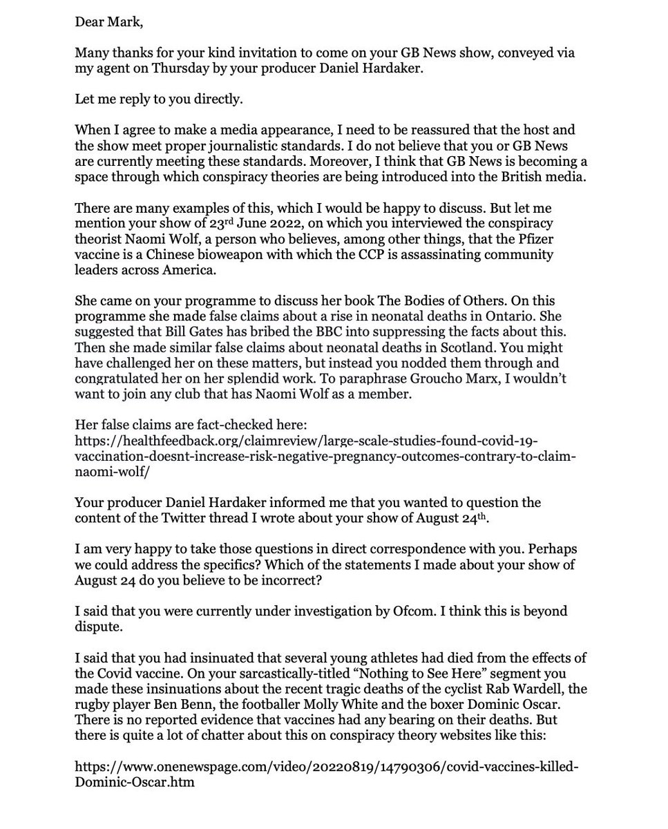 DrMatthewSweet's tweet image. So. This is a letter I sent today, via my agent, to @marksteyneoline and his producer @danielhardaker4 at @GBNews. A Twitter thread version follows, to which I’ve attached some links.