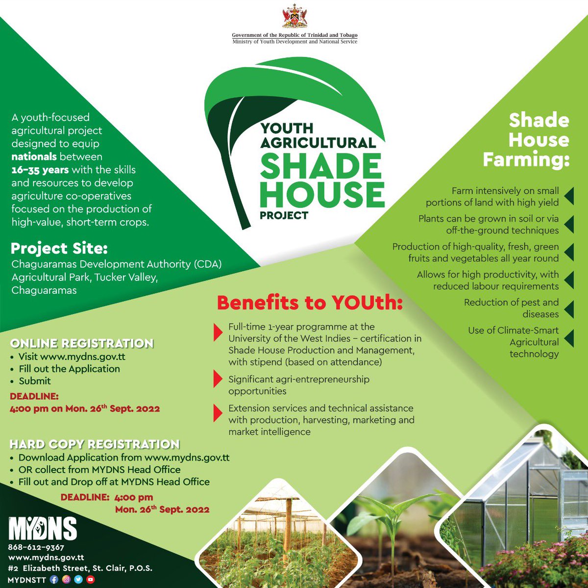 msya_tt's tweet photo. Calling all YOUth between the ages of 16-35 with a passion for agriculture! 🚜🧑🏼‍🌾

The Ministry of Youth Development and National Service is pleased to introduce the Youth Agricultural Shade House Project. 🌱

To register, click the link below. ⬇️
https://t.co/mQJM387WD3 https://t.co/Beh2u97q5C