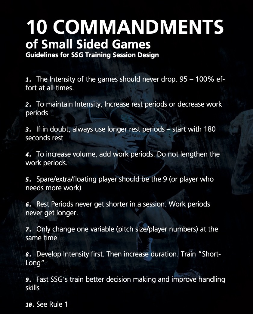 Coach Rules for SSG's

10 COMMANDMENTS of Small Sided Games Guidelines for SSG Training Session Design

1. The Intensity of the games should never drop. 95 – 100% effort at all times.

2. To maintain Intensity, Increase rest periods or decrease work periods

 👇