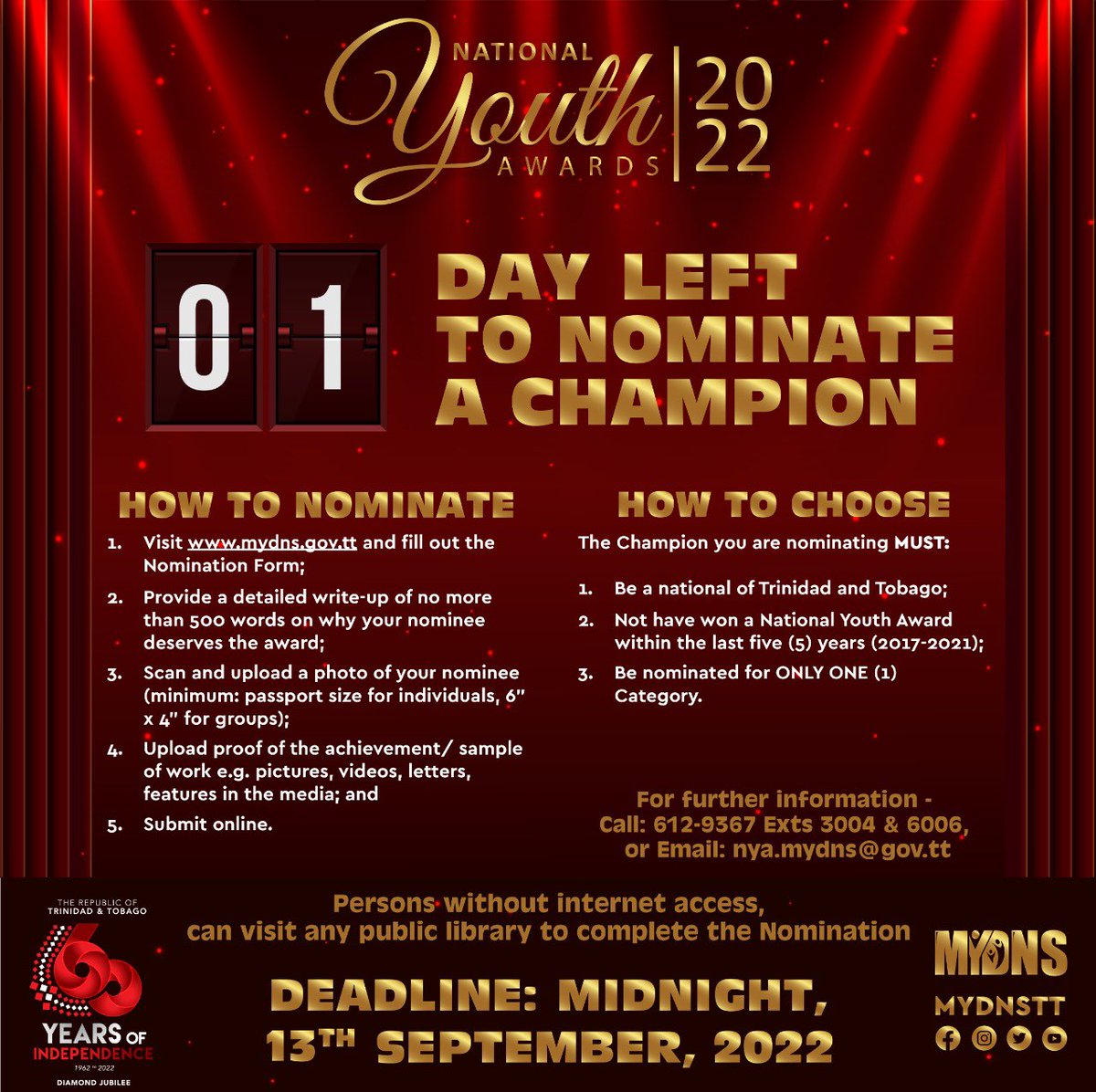msya_tt's tweet photo. 1 DAY LEFT! 🗣

Time is running out! ⏳

Do you know someone who is deserving of recognition for their contributions to community and country? 🤩

Nominate them TODAY! 🗳
Link: https://t.co/329WALJSzF https://t.co/6D5O7DyAHp