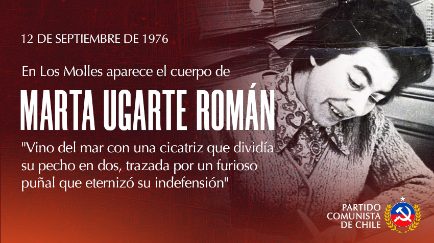 Un 12 de septiembre de 1976 aparece en la playa La Ballena el cuerpo de nuestra compañera Marta Ugarte Román. Detenida por la DINA fue torturada y lanzada al mar. Sin embargo, su cuerpo afloró de las profundidades. 
Hoy muchos pretenden seguir negando los crímenes de la dictadura