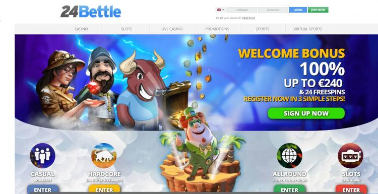 24 Bettle offering a 24 no deposit free spin online casino bonus