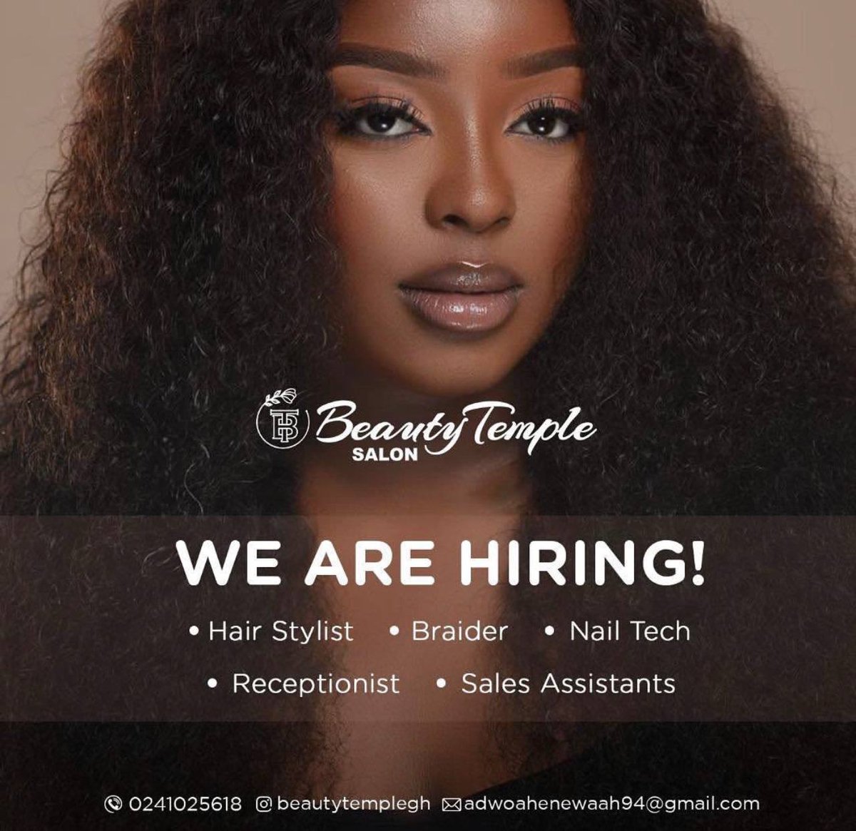 hypealert_gh's tweet photo. Beauty Temple Salon is Hiring Hair Stylist || Braider || Nail Technician || Receptionist || Sales Assistants.
Contact: 0241025618 or Dm @beautytemplegh on instagram to apply.
#GoHomeMeghanMarkle #HypeAlert_Gh https://t.co/CbBycji7UH