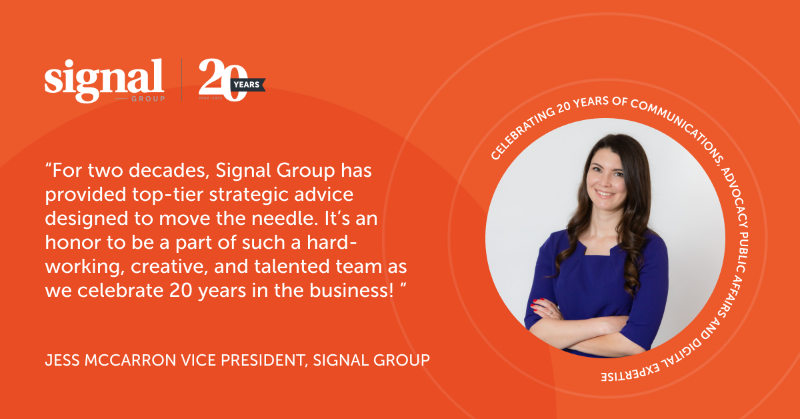 signalgroupdc's tweet photo. As Signal celebrates its 20th anniversary, our team will share our perspectives on the company's two decades of serving clients. VP of Communications Jess McCarron shares her thoughts on #Signal20: