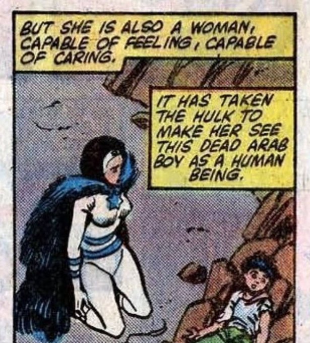 Comic book panel. "Sabra" kneels before a dead Palestinian boy. Caption reads: "But she is also a woman, capable of feeling, capable of caring. It has taken the Hulk to make her see this dead Arab boy as a human being."