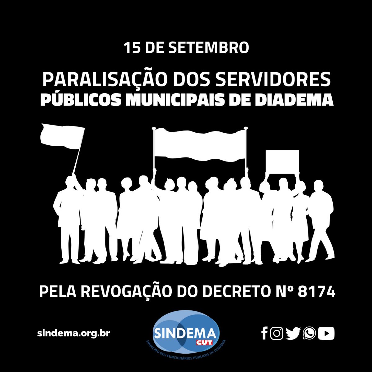CUTsaopaulo's tweet photo. DIADEMA | À Luta! Vamos juntos denunciar a retirada de direitos, se organizar e mobilizar nos locais de trabalho, e paralisar na quinta, dia 15 de setembro, contra o decreto 8174 e por sua revogação!
#revogaFilippi #revogadecreto8174 #Diadema #Sindema #pratodesverem #paralisação https://t.co/o20kL0tzTv
