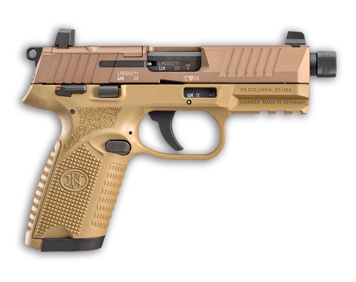 Cheng_Laoo's tweet photo. FN Tactical 502 
Cartridge or Gauge
.22 Long Rifle
Finish
FDE
Color
FDE
Model Number
66-101006
Action
Semi-Automatic
Barrel Length
4.6"
Hand
Right
Round Capacity
15+1
Gun Weight
23.7 oz. https://t.co/zXLERiLspS