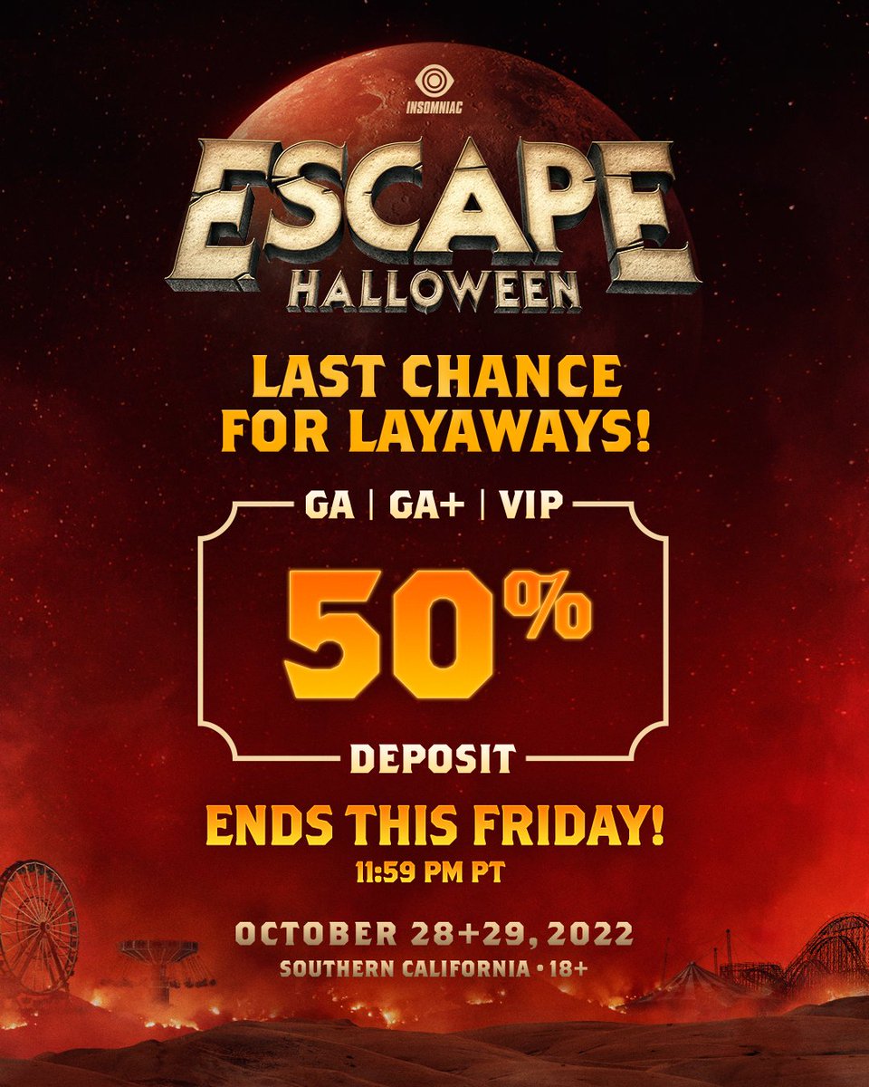 EscapeHalloween's tweet photo. Don't let your friends miss out on #EscapeHalloween‼️ Lock in your passes before Friday, 9/16 @ 11:59pm PT by paying Half Now, Half Later! 🩸 https://t.co/WXSqCJJwrt https://t.co/tIn8sPAaPg