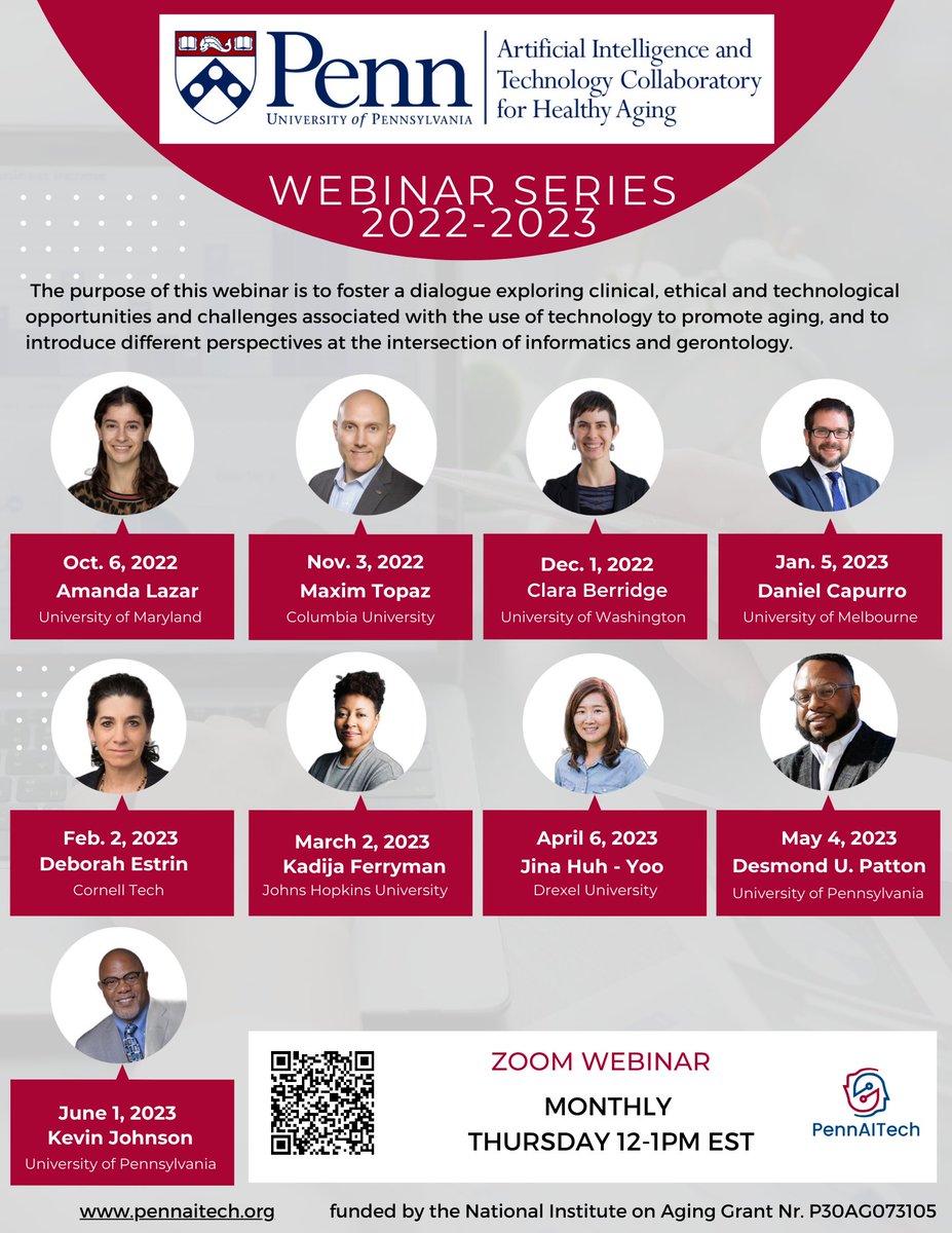 PennAITech (@pennaitech) on Twitter photo Excited to launch our webinar series with international experts <a href="/Amanda_Lazar/">Amanda Lazar</a> <a href="/MaxTopaz/">Max Topaz</a> Clara Berridge <a href="/dcapurro/">Daniel Capurro</a> Deborah Estrin <a href="/KadijaFerryman/">Kadija Ferryman, PhD (she/her)</a> <a href="/dr_jinahuhyoo/">Jina Huh-Yoo</a> <a href="/DrDesmondPatton/">Dr.Desmond Upton Patton</a> <a href="/kbjohnsonmd/">Kevin B. Johnson, MD, MS</a>
Register here:
upenn.zoom.us/webinar/regist… Excited to launch our webinar series with international experts <a href="/Amanda_Lazar/">Amanda Lazar</a> <a href="/MaxTopaz/">Max Topaz</a> Clara Berridge <a href="/dcapurro/">Daniel Capurro</a> Deborah Estrin <a href="/KadijaFerryman/">Kadija Ferryman, PhD (she/her)</a> <a href="/dr_jinahuhyoo/">Jina Huh-Yoo</a> <a href="/DrDesmondPatton/">Dr.Desmond Upton Patton</a> <a href="/kbjohnsonmd/">Kevin B. Johnson, MD, MS</a>
Register here:
upenn.zoom.us/webinar/regist…