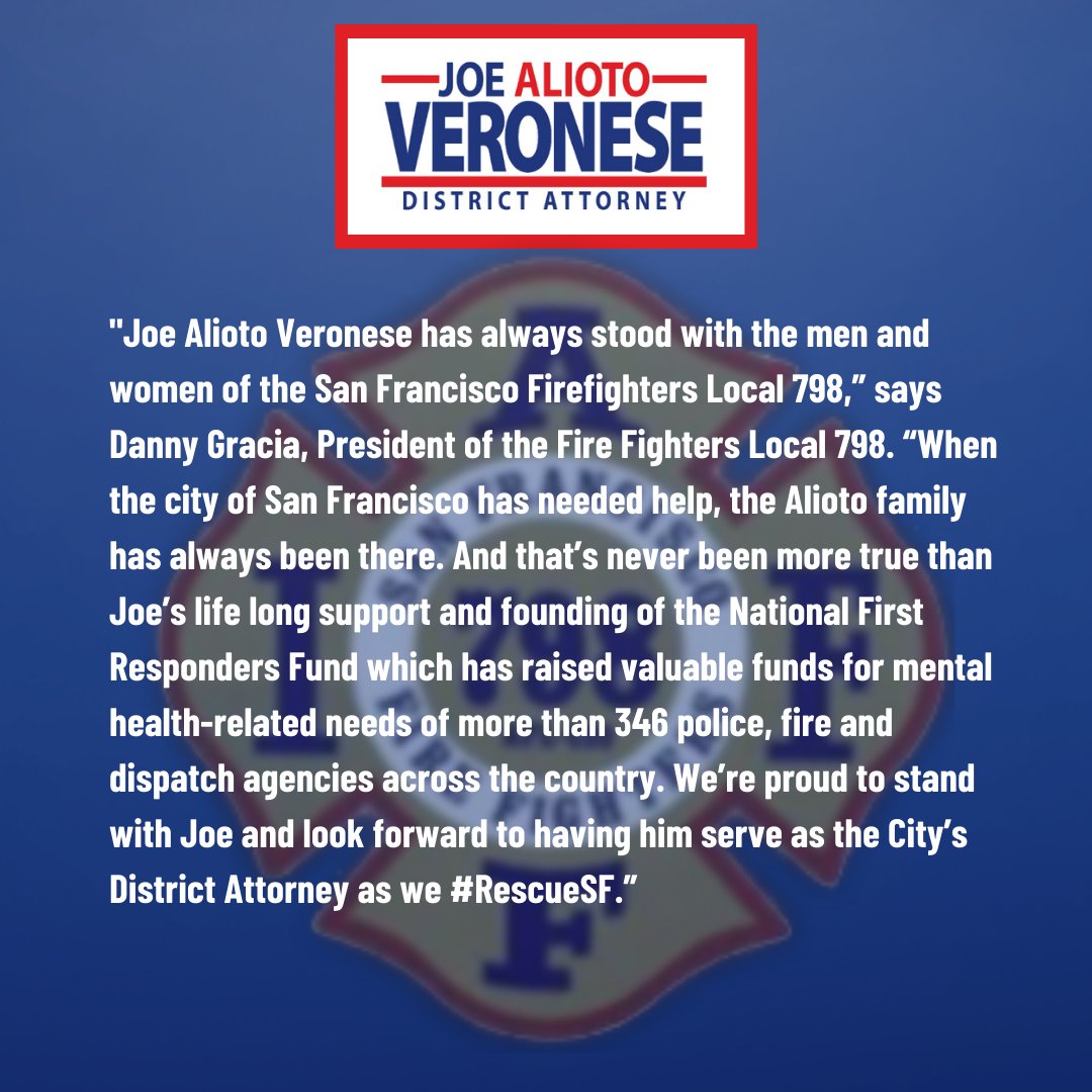 joeavero's tweet photo. I’m extremely honored to have the endorsement of the San Francisco Fire Fighters Local 798. Their support means everything to me because they will help lead the rescue of San Francisco. #SFFD #SFstrong #RescueSF #JoeforDA https://t.co/wtGesiYdvo
