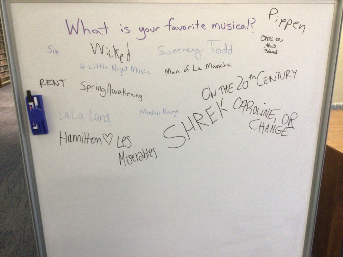 ParsonsMusLib's tweet photo. Take a look at responses to last week’s #whiteboard question: “What is your favorite musical?” and make sure to stop by and see what the current question is! #musiclibrary #music #musicals #whiteboardquestions #librarylife 🎼 https://t.co/iVFVOl6y8W