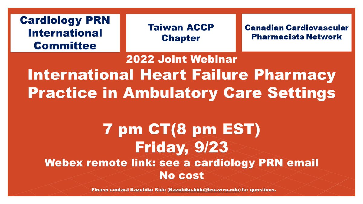 Please check out our joint webinar HF outpatient practice around the world, on Friday, 9/23 from 7 PM CT (8 PM EST). Please find the Webex link in the cards PRN email chain.