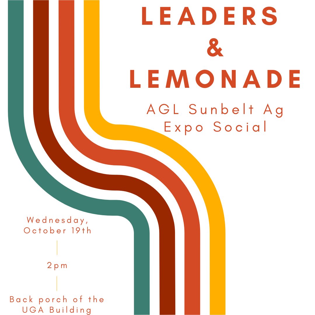 AGL_UGA's tweet photo. Join us at our annual Leaders and Lemonade Social at the Sunbelt Ag Expo! All AGL and AgriLeaders Alumni are encouraged to stop by the back porch of the UGA Building on Wednesday at 2pm. We hope to see you there 🍋 https://t.co/rgeCbJDi5R