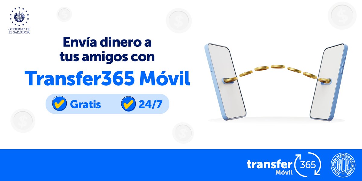 bcr_sv's tweet image. Con #Transfer365Móvil solo necesitas el número de celular de tu destinatario para poder enviarle dinero a su cuenta bancaria. 📲✅

Consulta a tu institución financiera por este servicio gratuito y 100% seguro que el Banco Central de Reserva te ofrece.🏦