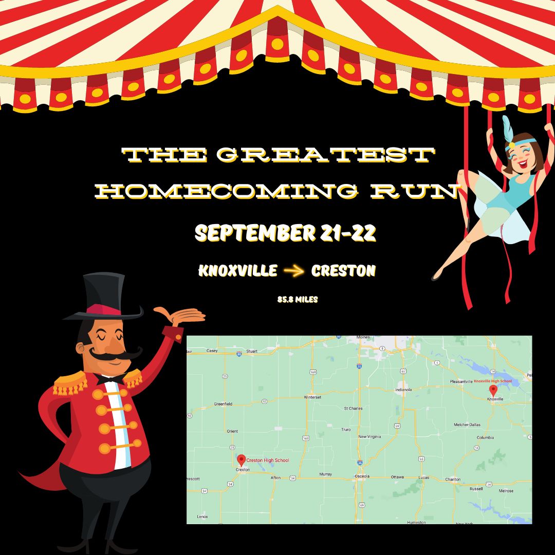 It's almost homecoming week!  Big things ahead!

Tuesday, Sept. 20 Home Meet (alumni tent details in the photo)
Wednesday, Sept 21-22 The Greatest Homecoming Run.  See a CC runner, Coach Arnold, or Coach Tanner for information on how to sponsor an athlete.