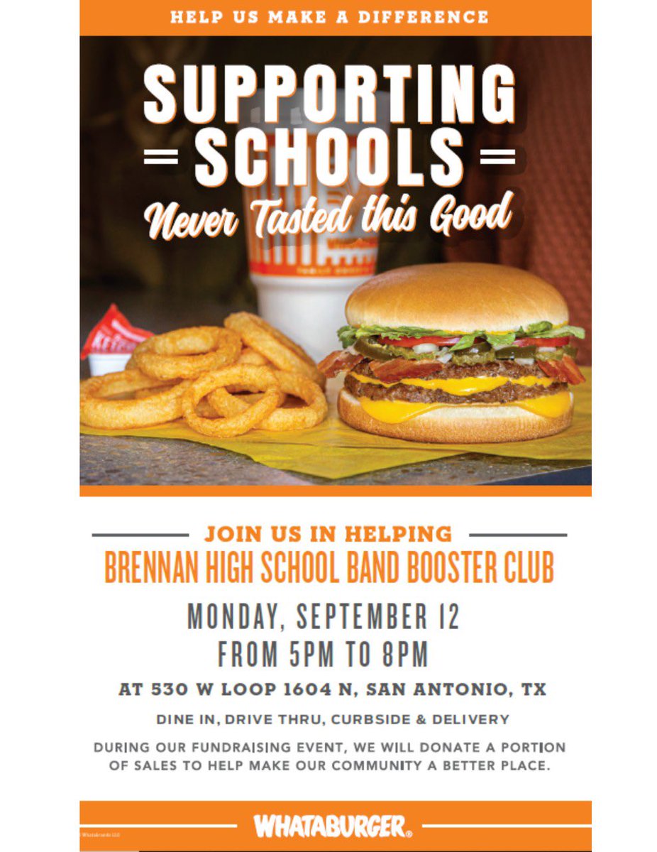 dgarc007's tweet photo. If you are in the area later, stop by @Whataburger and support the Brennan HS Band @BrennanBand . We greatly appreciate any support for this awesome program. https://t.co/2FU0uWHNrO