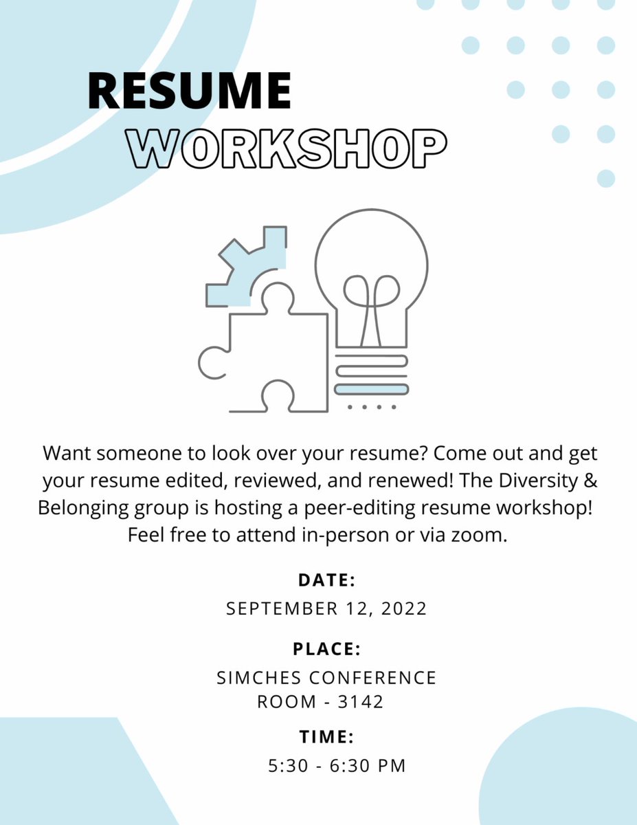 mgb_pba's tweet photo. Join us tonight in Simches 3142 or on Zoom for a Peer-Editing resume workshop! https://t.co/LrIVVqVkoR