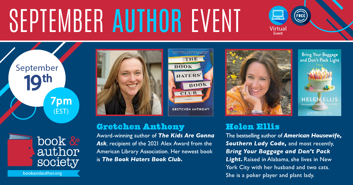 bookandauthors's tweet photo. Join us Sept 19th for a #BookAndAuthor conversation between between 2 very funny writers as Gretchen Anthony  dishes with her friend Helen Ellis. More info and FREE Registration for this online event at https://t.co/gjecLFAugP @granthony @WhatIDoAllDay https://t.co/M0bdOHTGRy