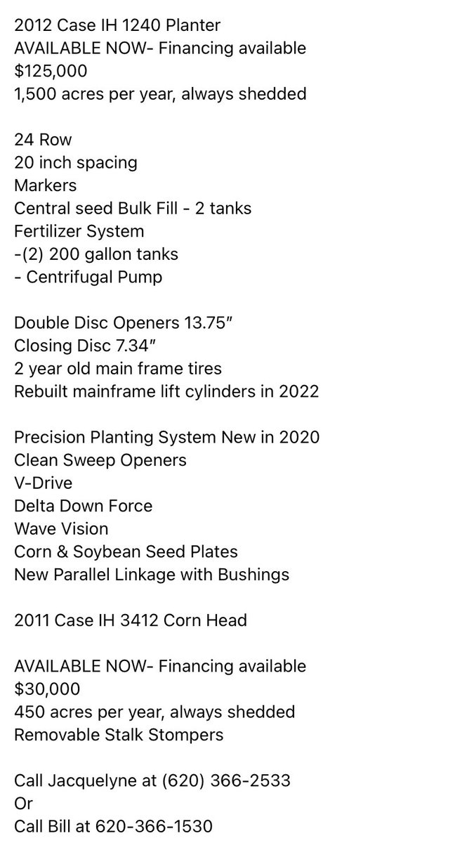 jaxlef14's tweet photo. FOR SALE—Available Now

2012 Case IH 20” 24 Row Planter with Precision 

2011 Case IH Corn Head 

Located in East Central Kansas 
Retweets appreciated ! https://t.co/cZTW1fFgEm