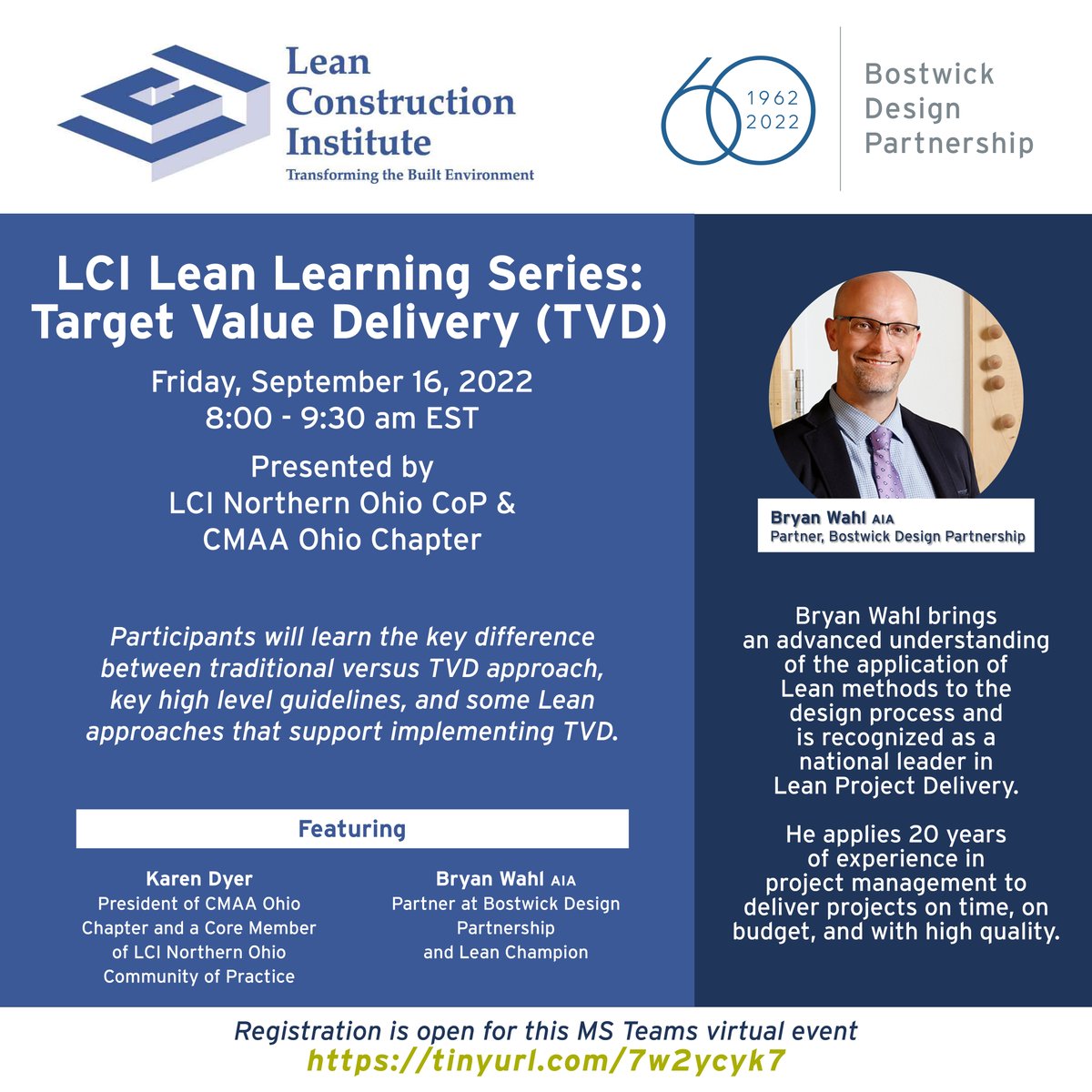 There is still time to sign up for the LCI Lean Learning Series featuring Bostwick Design Partnership's Bryan Wahl, who is also a Lean Champion. Use the link below to register for Friday's conversation. 
tinyurl.com/7w2ycyk7 #bostwickdesignpartnership #leandesign #LCI