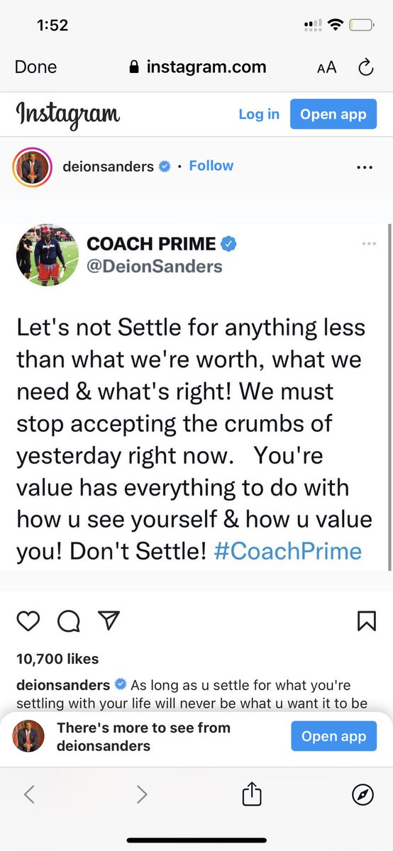 Worked too hard to be ashamed or slighted because of someone else’s insecurities. So many early mornings, late nights in the cold, heat, rain, just to have a opportunity. Trust I want everything that come with it 💨 🔥 👑 Won’t settle for nothing ONG @DeionSanders #CoachPrime