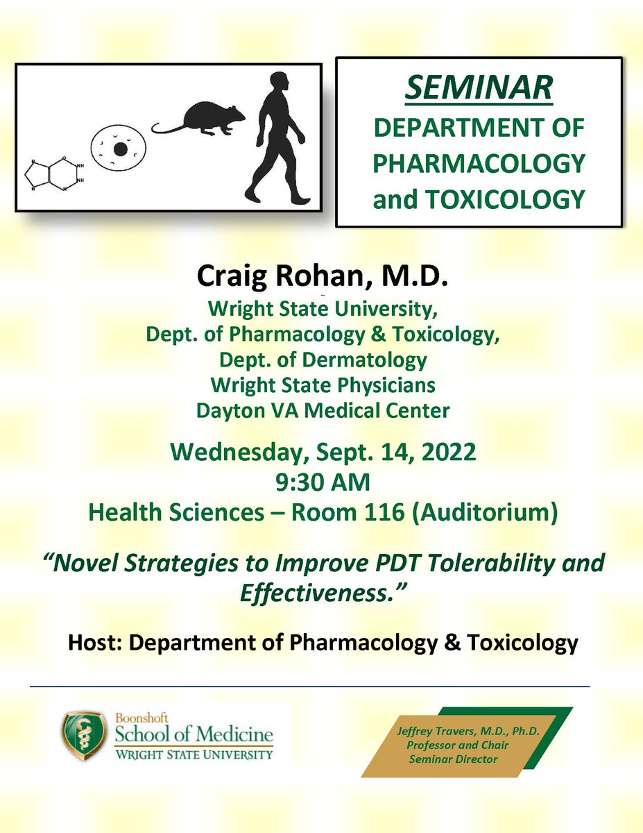 Please join us on Wednesday, Sept. 14th at 9:30 AM for the seminar presentation from our very own, Dr. Craig Rohan. Dr. Rohan's lecture is titled, "Novel Strategies to Improve PDT Tolerability and Effectiveness." 
A live-stream of the presentation will be available on Wright TV!