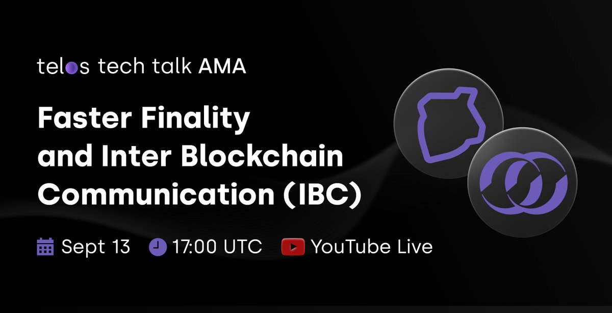 Don't miss our #Telos Tech Talk #AMA !

Jesse &amp; Kersten from the <a href="/TelosDevelopers/">Telos Developers</a> team join Guillaume Babin <a href="/gbabint/">g</a> to discuss <a href="/AntelopeIO/">Antelope</a> Faster Finality and Inter Blockchain Communication #IBC.

🗓️September 13 
⏰ 17:00UTC
📍 bit.ly/3d8wEyY