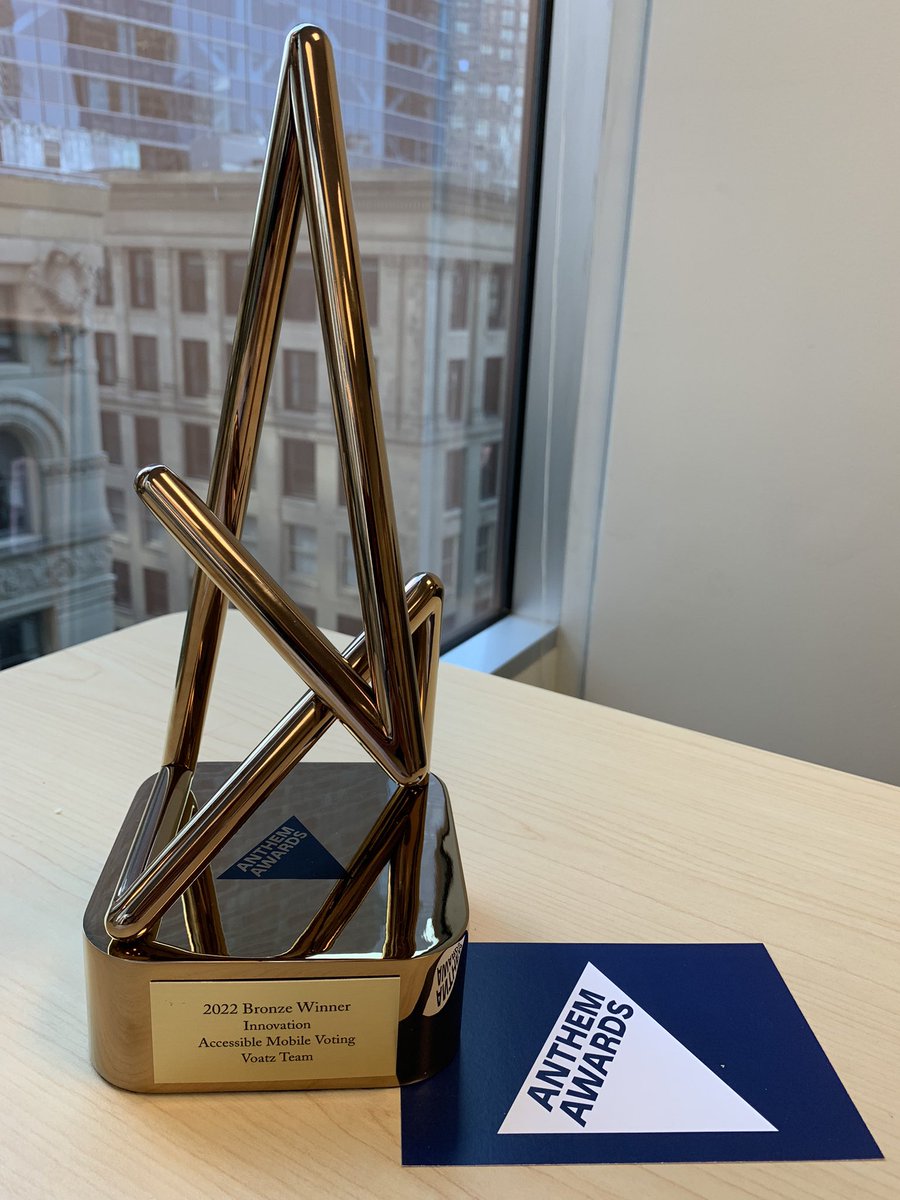 Voatz's tweet photo. Delighted (and surprised) to receive this amazing trophy in the mail last week 🎉 - Many thanks to #anthemawards for recognizing our work 🙏 #standwithstartups #smartphonevoting #blockchain #accessibility #onlinevote https://t.co/e5effRbAhG