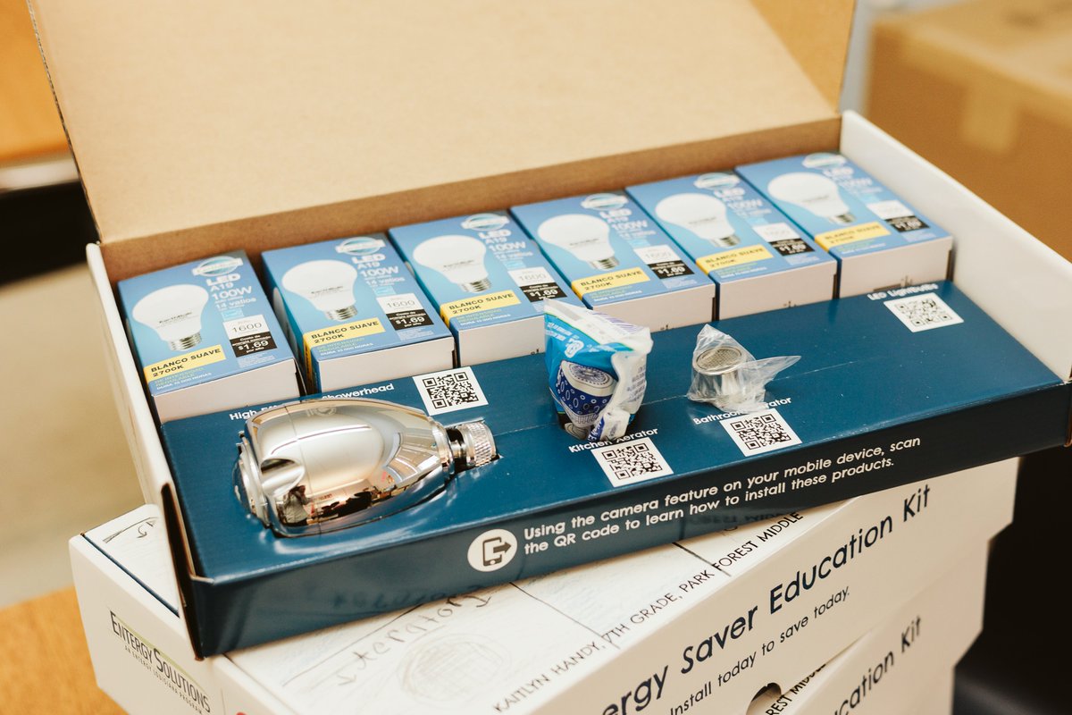 A closer look into Energy-Saving Education: The Entergy Solutions Energy-Saver Education Kit includes LED light bulbs, water-saving showerheads, water-saving aerators, and a shower flow &amp; faucet meter bag.